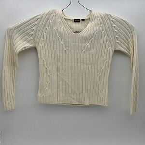 SHU+SHU Sweater Womens XS White V Neck Ribbed Cable Knit Long Sleeve Pullover